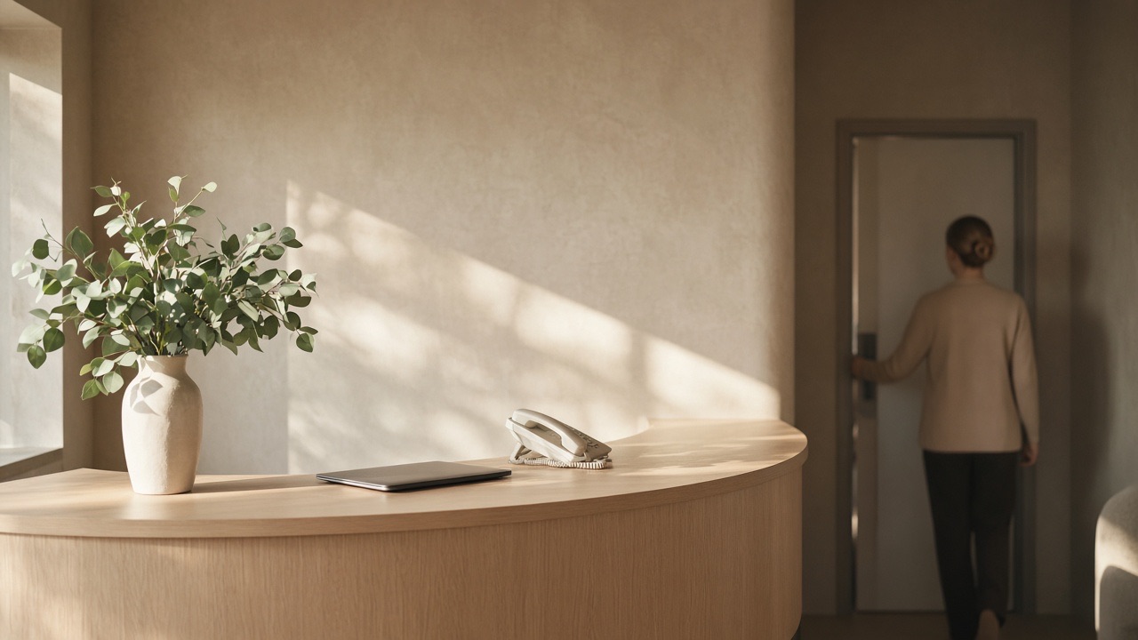 A quiet clinic reception at opening time, morning light across a limewashed wall.